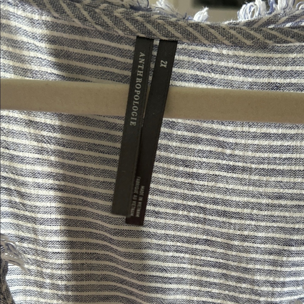 Anthropologie Blue and White Striped Ruffle Low V-Neck Blouse - Picture 3 of 6